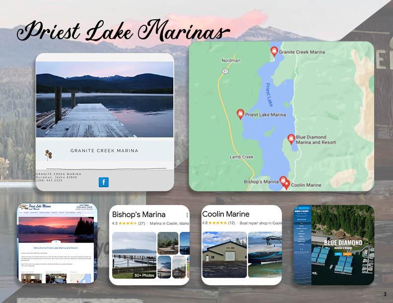 A layout showing Granite Creek Marina's competitors, other other marinas on Priest Lake