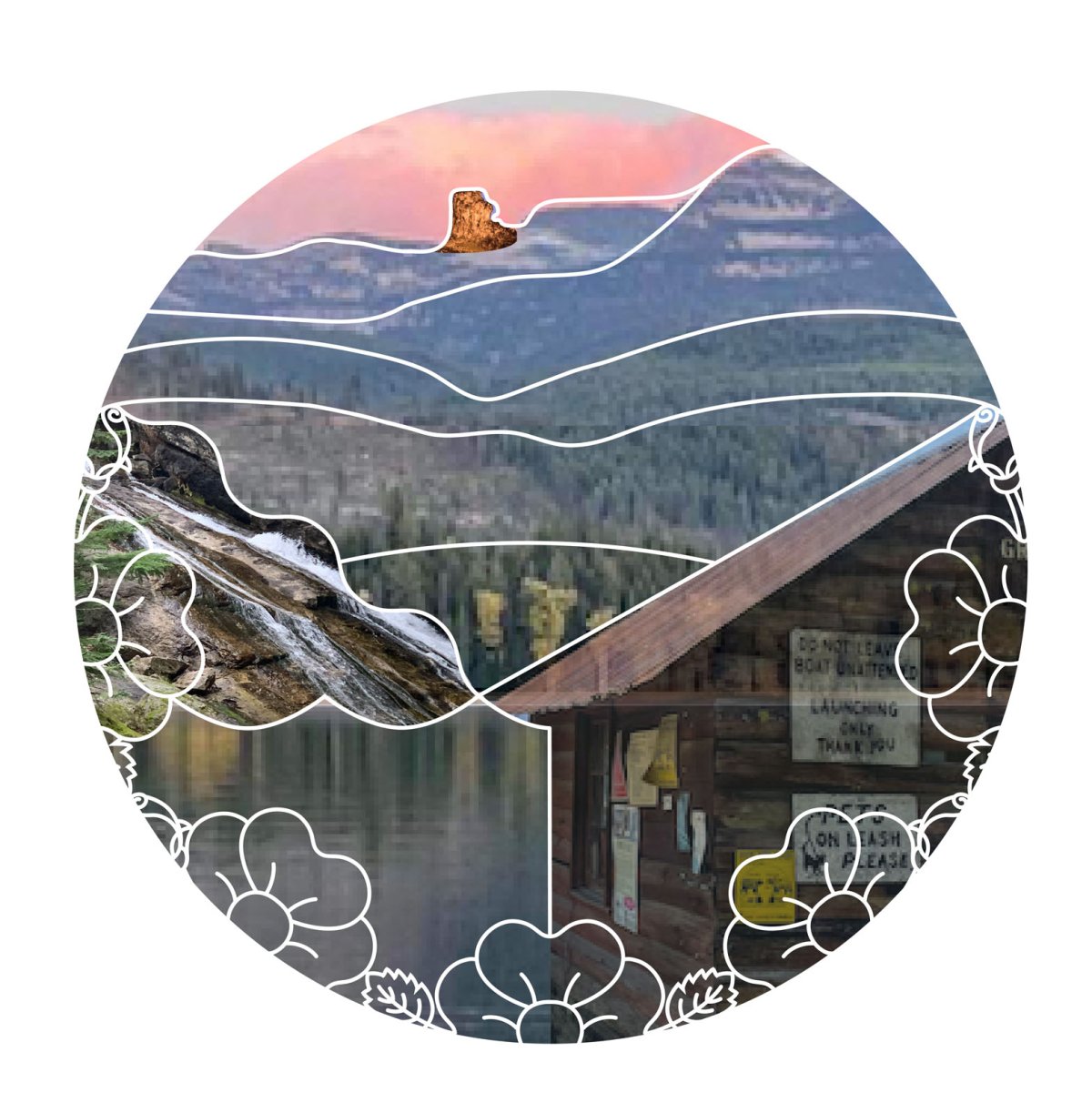 Digital layout of images plus sketched lines for creating the logo.