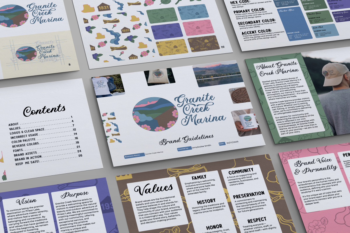 Full brand identity guidelines including Mission, Vision, Values, and logo suite plus colors, typography, illustrations, and brand pattern.