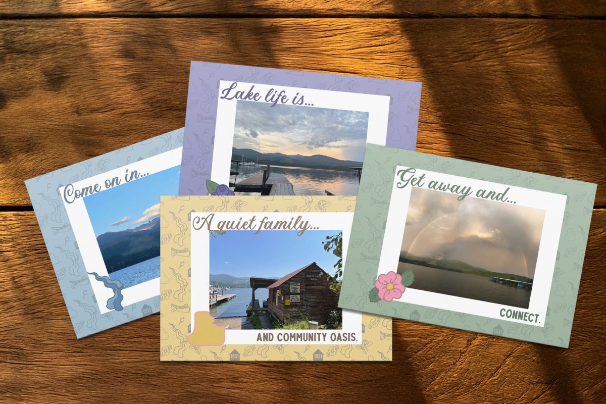 Branded notecards featuring the brand typography, hand drawn illustrations and custom repeat patterns paired with beautiful images of the marina an lake.