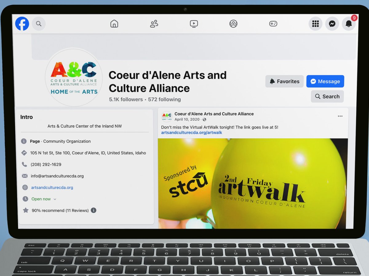 Laptop showing Facebook page of CdA Arts and Culture Alliance ArtWalk post mentioning TrueWealth Financial participation.