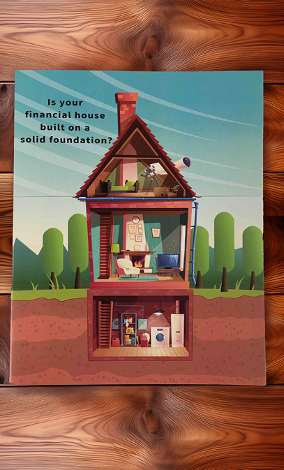 Multipage educational booklet with an interactive house illustration to explain the company’s financial philosophy. 