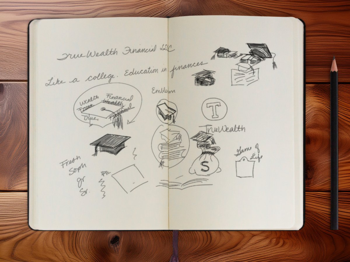 Sketchbook full of ideas for rebrand.