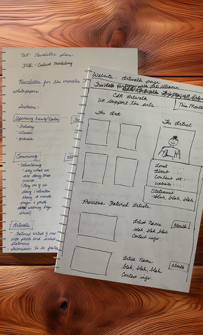Sketchbooks showing notes for newsletter ideas and website layout ideas.