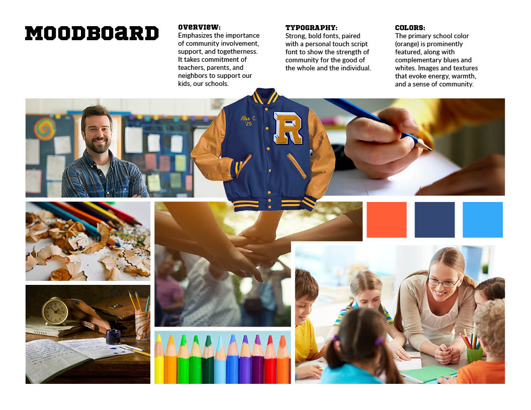 Moodboard showing the project overview, typography, colors, and visual direction ideas.